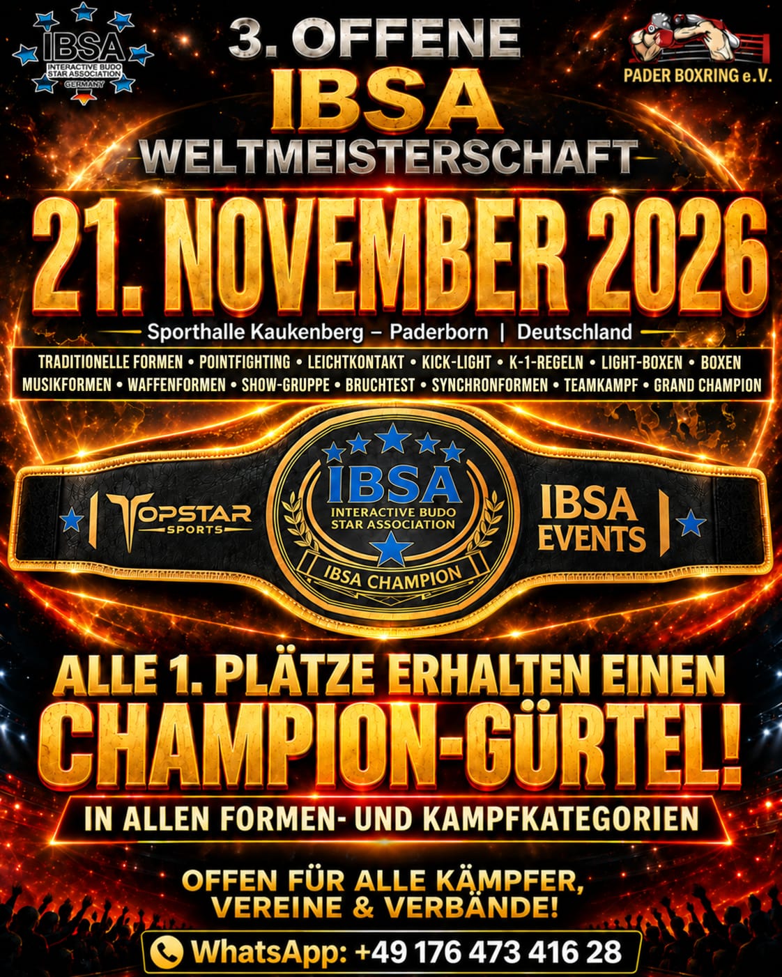 Plakat: 3. Offene IBSA Weltmeisterschaft am 21. November 2026 in der Sporthalle Kaukenberg, Paderborn